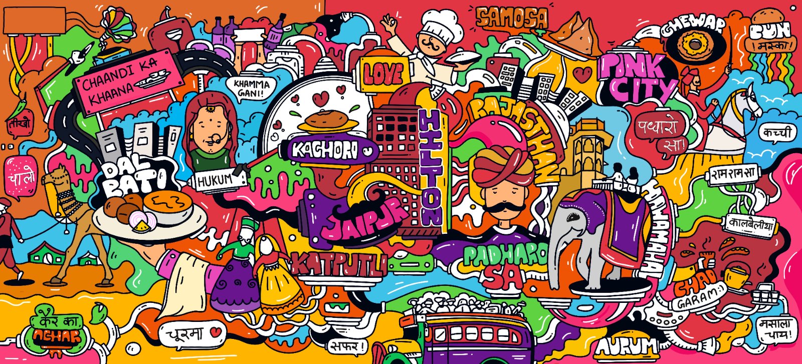 Dense full-colour brand doodle